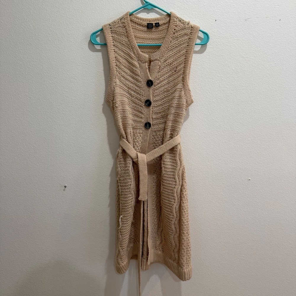 Saks Fifth Avenue Tan Beige Belted Longline Knit Cardigan Vest Womens Small